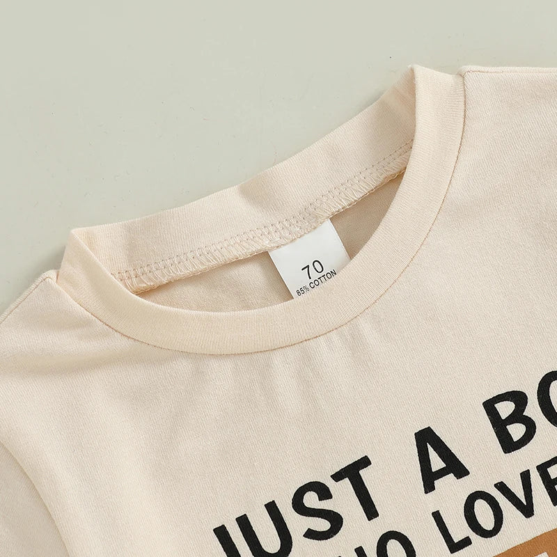 2024-12-31 Lioraitiin Toddler Boy Summer Outfits Tractor Letter Print Round Neck Short Sleeve Tops with Solid Shorts Outfit