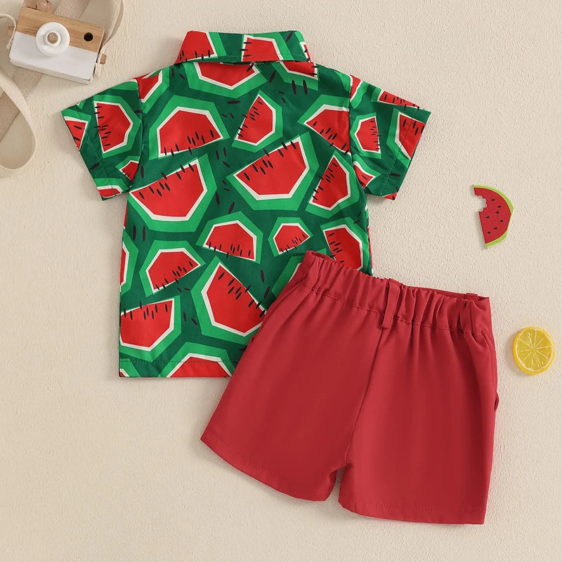 Lioraitiin Toddler Baby Boy Summer Outfits Watermelon Pattern Button Down Turn Down Collar Short Sleeve Shirt with Shorts Set