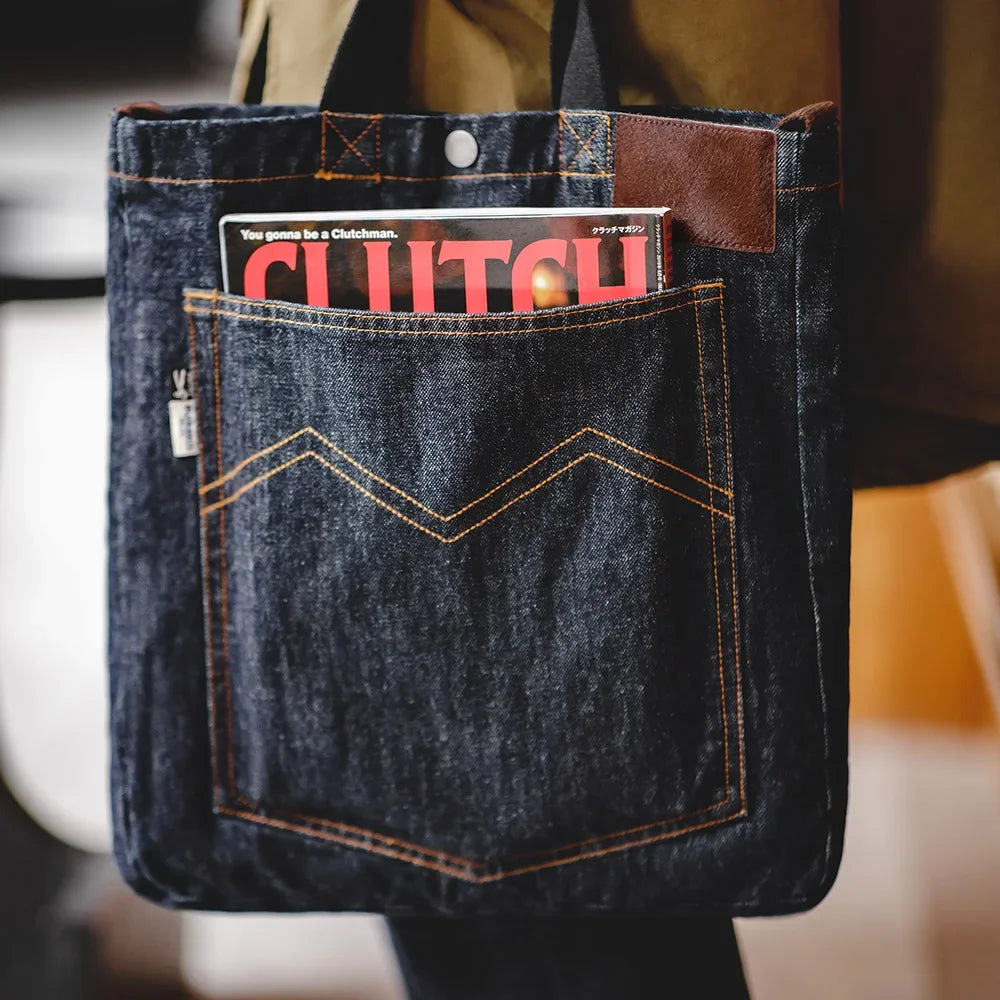Maden Retro 14oz Denim Bags Unisex Single Shoulder Crossbody Bags Embroidered Versatile Hand-held Flat-panel Tote Bags for Daily