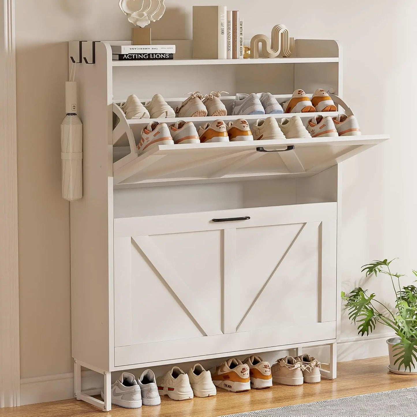 Shoe Cabinet Storage for Entryway, Narrow Shoe Rack Cabinet with 3 Flip Drawers & Coat Rack, Hidden Shoe Storage Cabinet, 2-in-