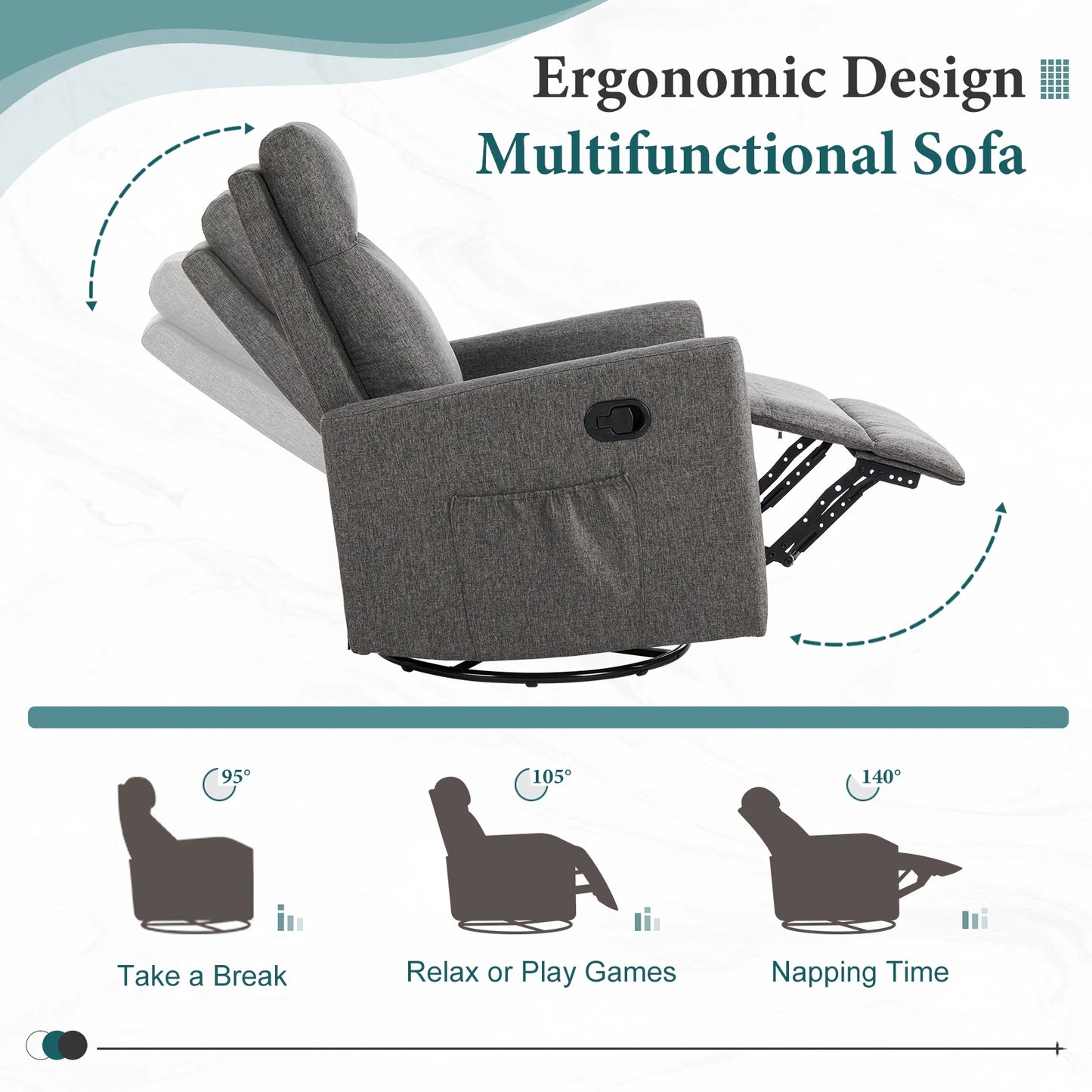 JHK Swivel Rocking Living Room Sofa Manual Upholstered Seating Recliner Angle Adjustable with Extra Large Footrest for Bedroom