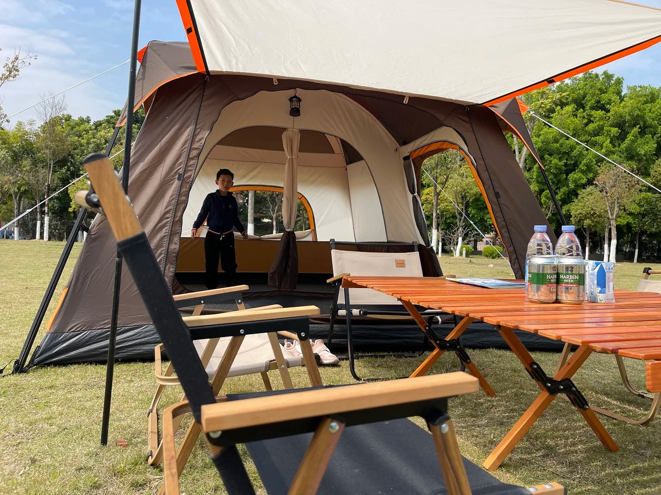 3-12 Person Outdoor Camping Team Tent Double Layers Oversize 2 Bedrooms Thickened Rainproof Company Family Camp Tour Equipment