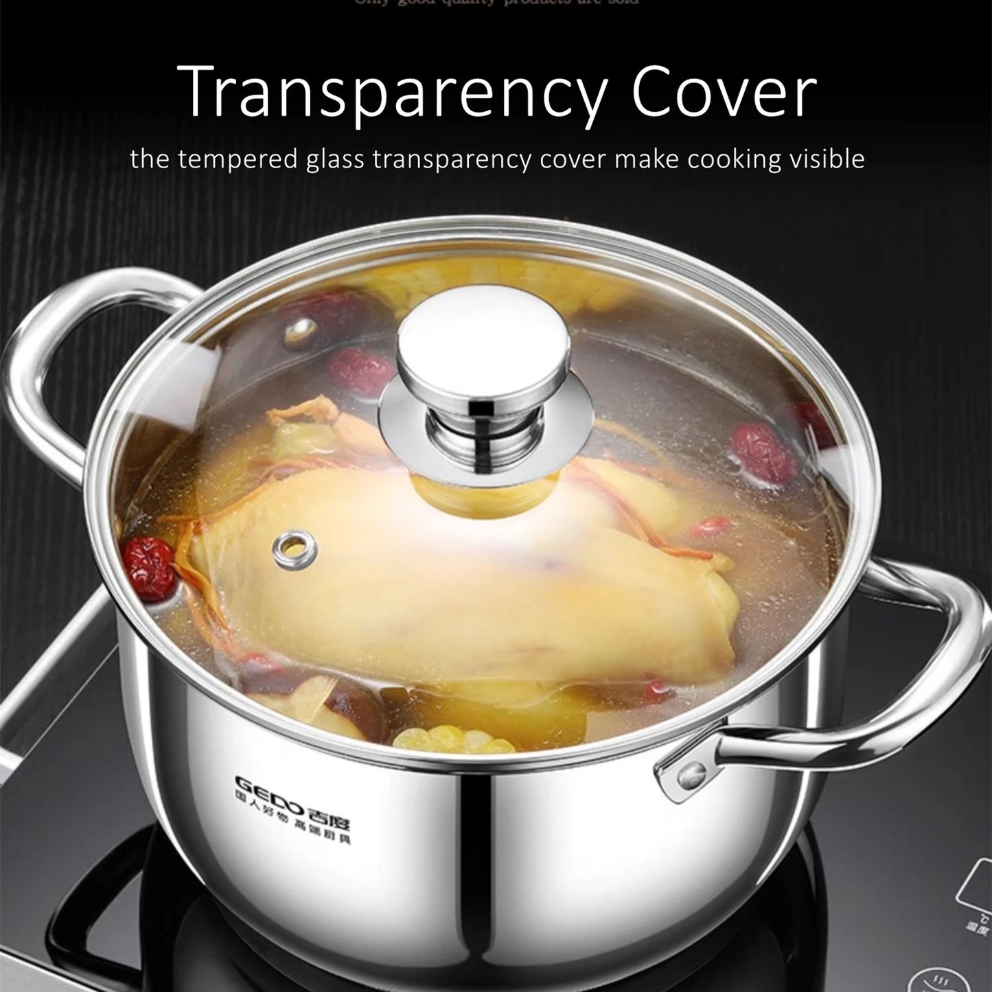 Ultra Thick 304 Stainless Steel Kitchen Stewing Pot Accurate Scale Saucepot with Tempered Glass Cover Pot for Family Cooking