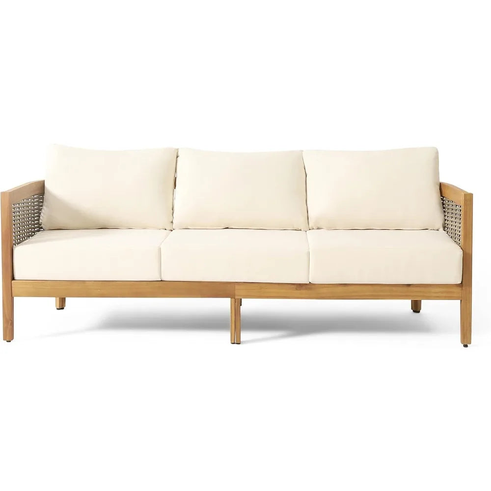 Outdoor Acacia Wood Wicker 3 Seater Sofa, Patio Furniture Conversation Set for Backyard