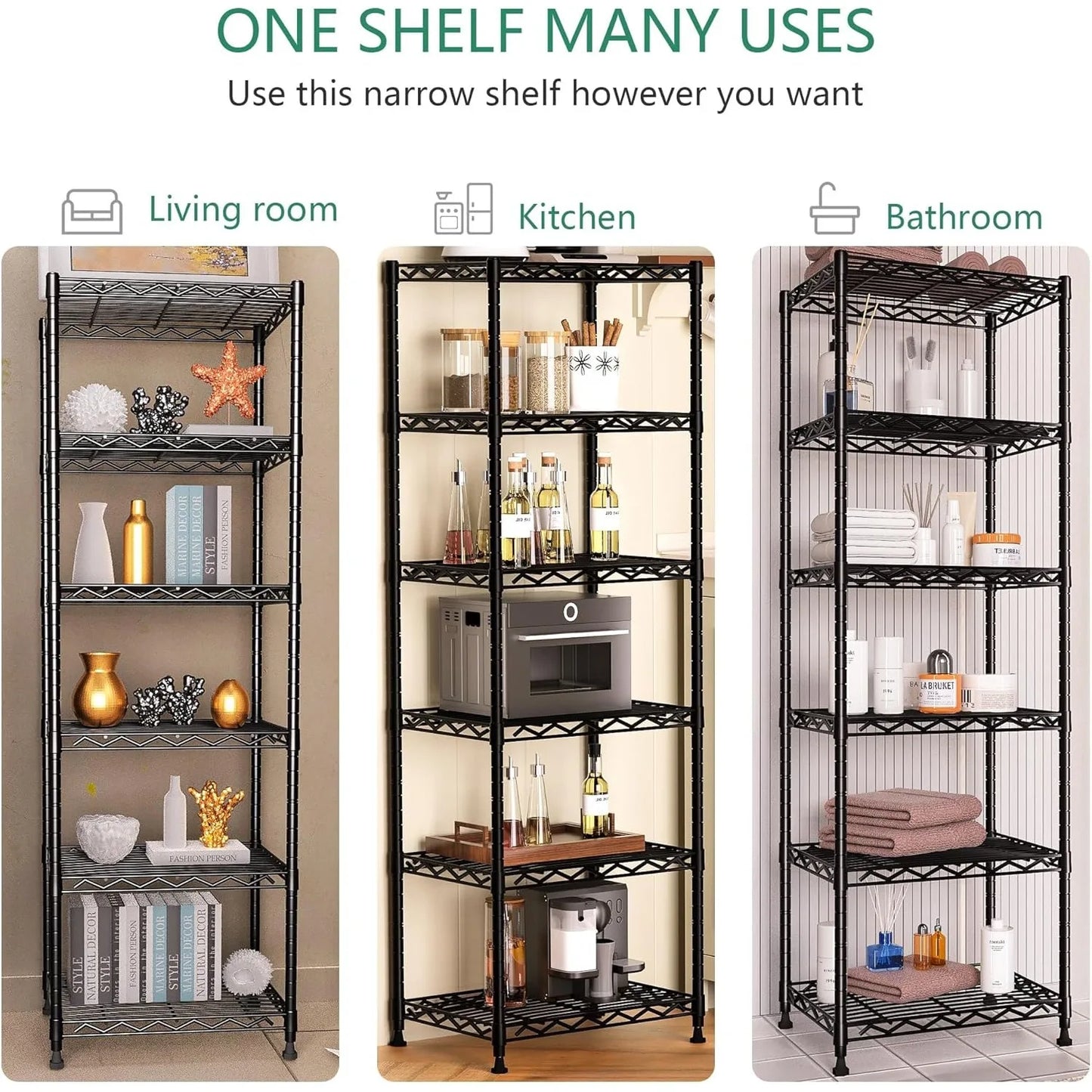 6-Tier Storage Shelves Standing Shelving Metal Units, Adjustable Height Wire Shelf Display Rack for Pantry Laundry Bathroom