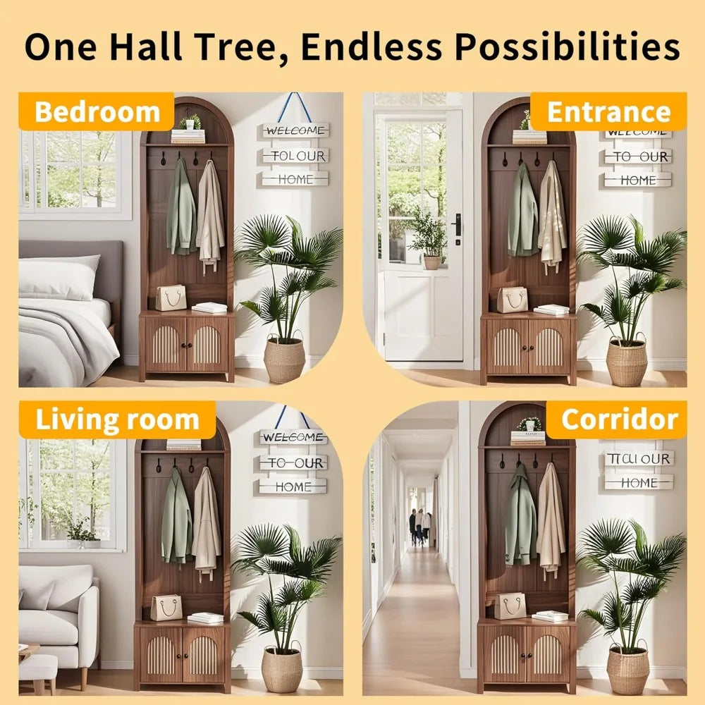 Hall Tree with Bench and Shoe Storage, Entryway Storage Bench with Coat Rack, Arch Coat Rack Fluted Doors, Farmhouse Style