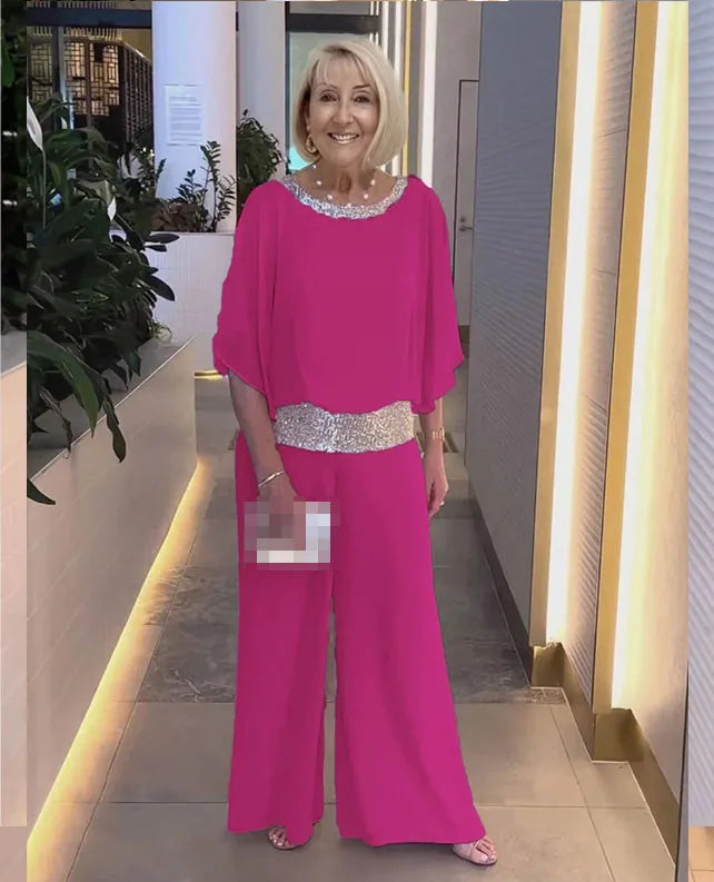 Women's Clothing 2024 Spring Autumn New Round Neck Fashionable Bright Color Bat Shirt Wide Leg Pants Half Sleeve Two-piece Set