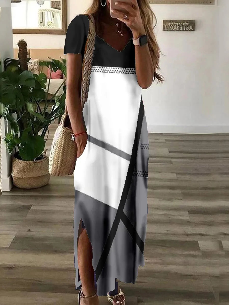 Women's Clothing Short Sleeved Dress V Neck Lower Fork Swing