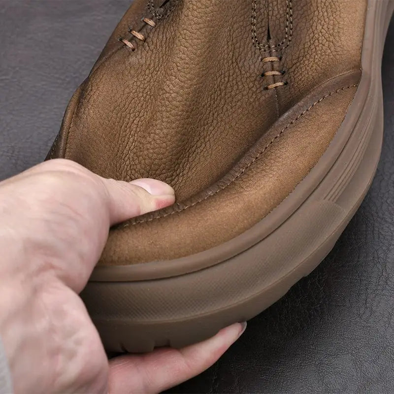 LIHUAMAO thick outsole cow leather Slip On Loafers Men Shoes Casual Walking Sneakers outdoor work shoes footwear