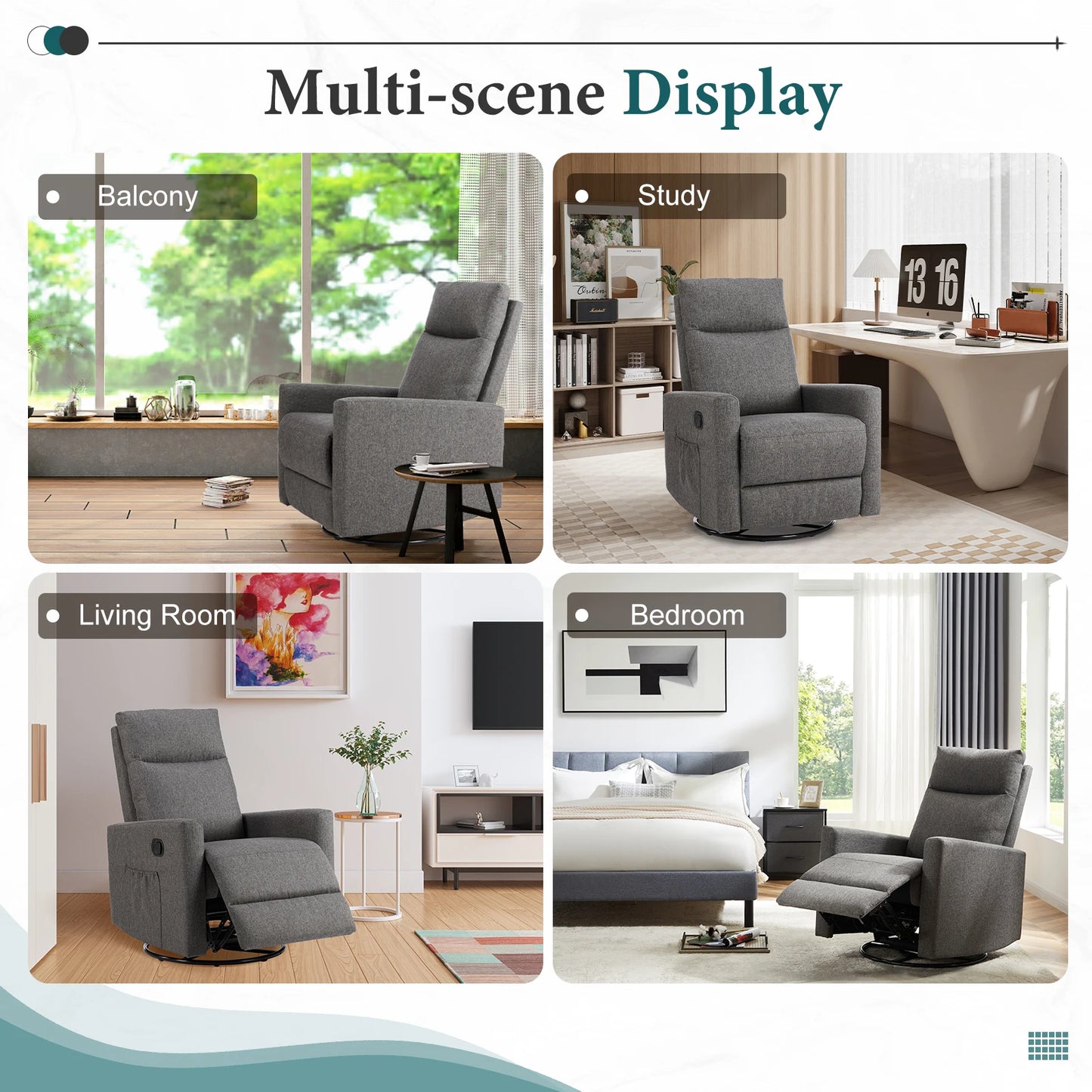 JHK Swivel Rocking Living Room Sofa Manual Upholstered Seating Recliner Angle Adjustable with Extra Large Footrest for Bedroom