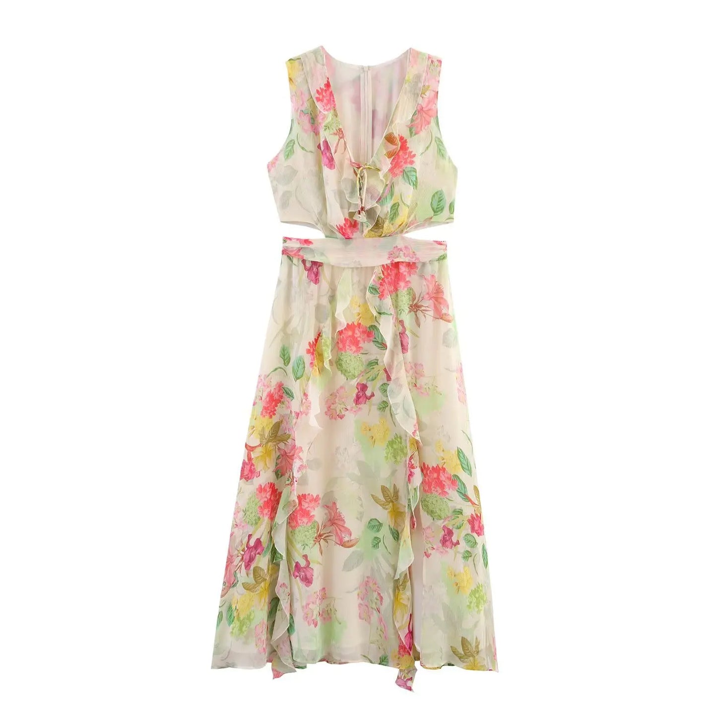 Women's Clothing 2025 Summer New Dress Casual Personality Fashion Versatile Slim Fit High-end Open Design Flower Print Dress