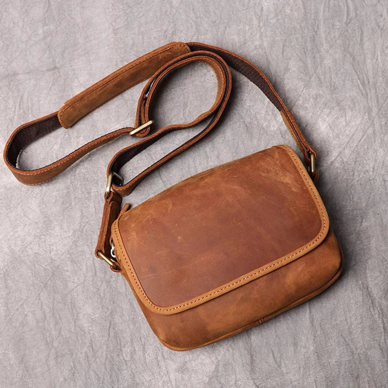 Real Leather Men's Shoulder Bag Vintage Daily Zipper Flap Phone Bag Man Simple Bag Crazy Horse Leather Retro Sling Ba