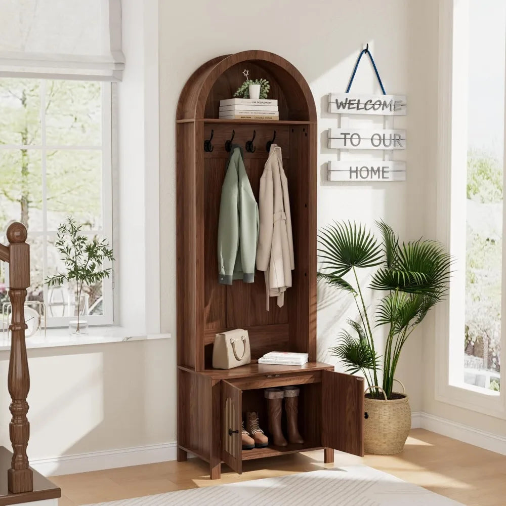 Hall Tree with Bench and Shoe Storage, Entryway Storage Bench with Coat Rack, Arch Coat Rack Fluted Doors, Farmhouse Style