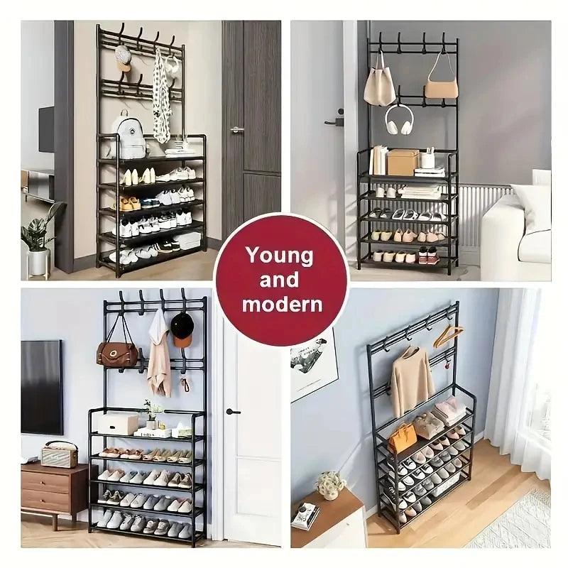 Entryway Coat Rack, Shoe Rack for Entryway, Coat Rack Freestanding with 4-Tier Storage Shelves and 8 Double Hooks, for Living Ro