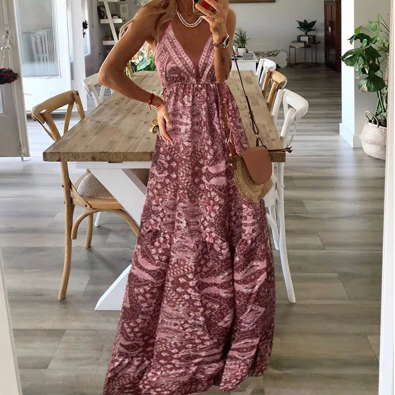 Bohemian Style Women's Clothing Long Dress New Suspender Long Dress High Waist V-neck Printed Floral Dress Women's Clothing