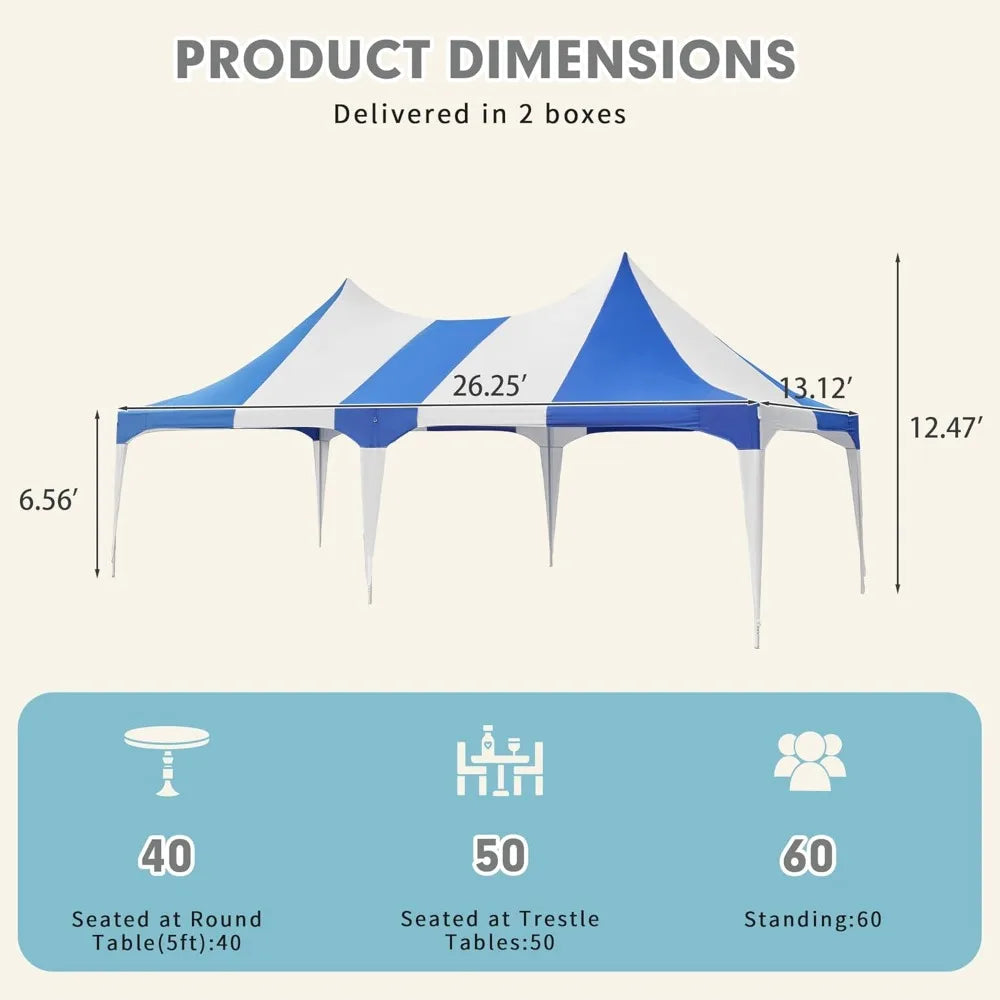 13x26ft Party Tent, White Wedding Tent, Heavy Duty Double Peaked Canopy Tent with Pole-Less Event Space, 60 Person Capacity Out
