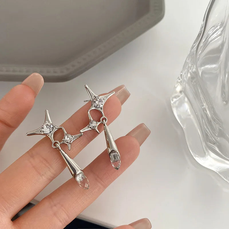 2025 Fashion Silver Color Cross Star Zircon Stud Earrings for Women Girl Korean Four-Pointed Star Personality Earrings Jewellery