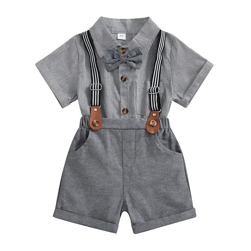 2024-02-29 Lioraitiin Toddler Baby Boy Gentleman Set Stripe Pattern Short Sleeve Shirt with Suspender Shorts 2Pcs Outfit