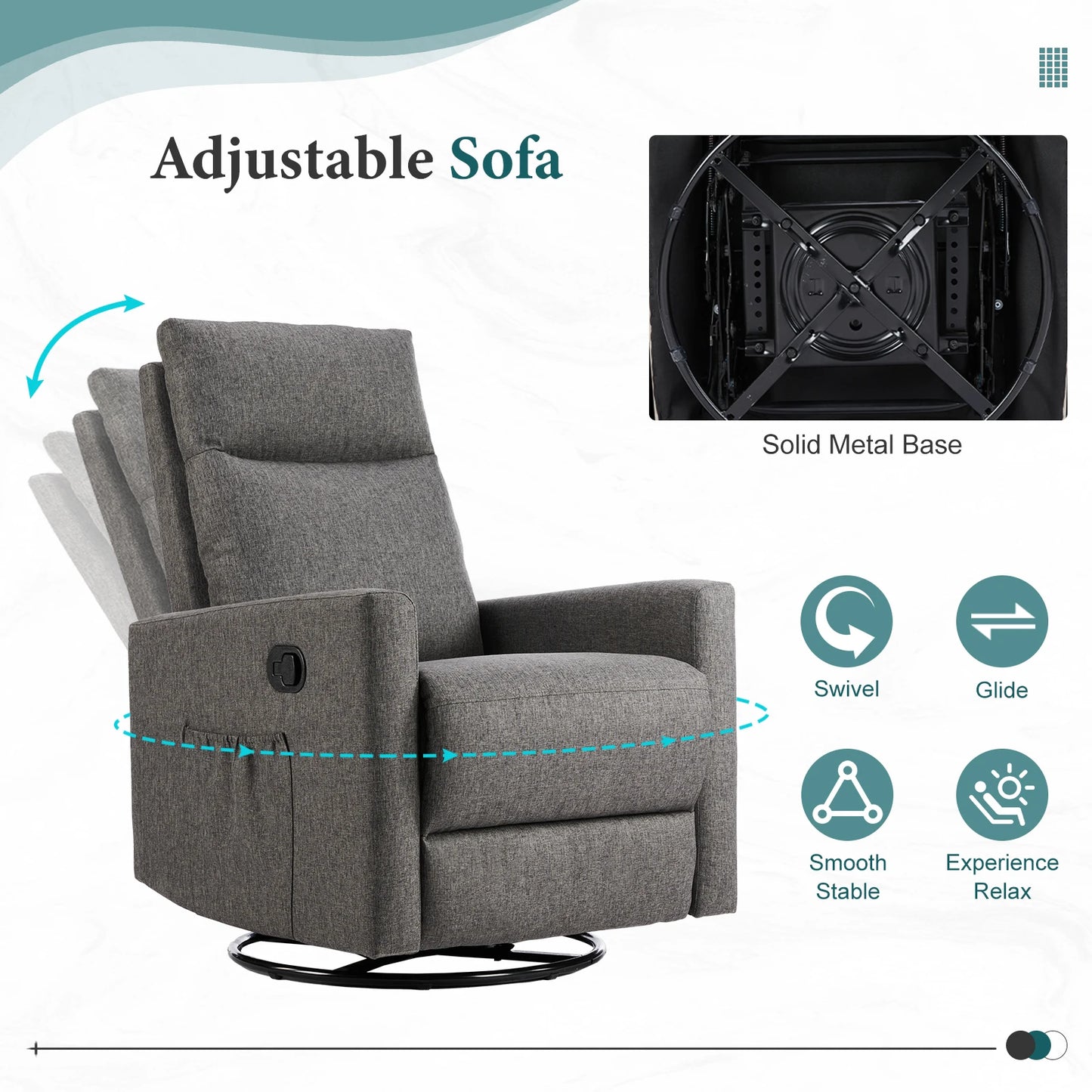 JHK Swivel Rocking Living Room Sofa Manual Upholstered Seating Recliner Angle Adjustable with Extra Large Footrest for Bedroom