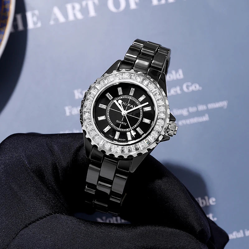 Dectop 2025 New Arrival Baguette Crystal White Ceramic Luxury Classic Wristwatch Lady Wateproof Fashion and Elegant Dress Watch