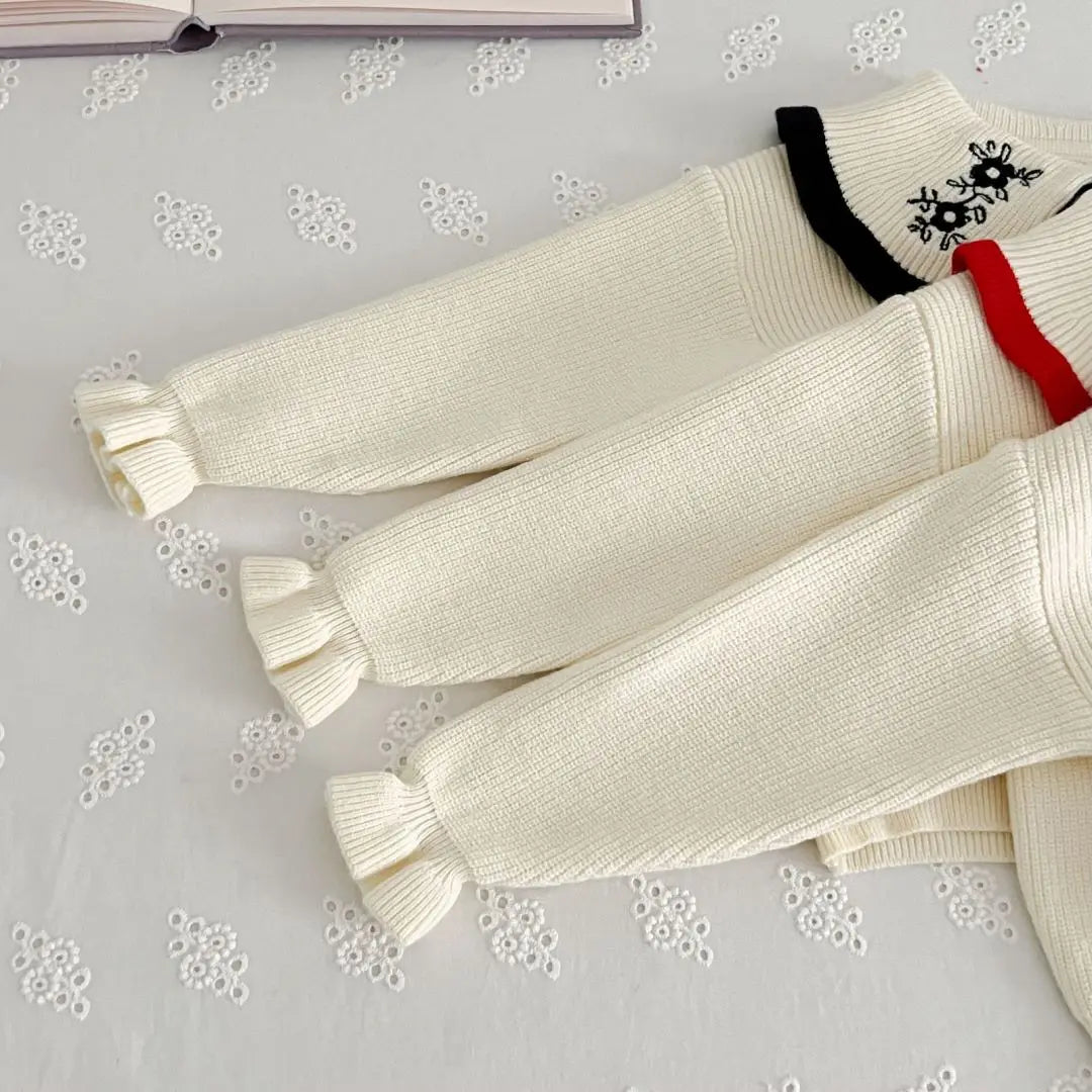 Baby Girl Elegant Embroidery Collar Knitted Clothes Set Cardigan+Skirt Infant Toddler Child Clothing Suit Baby Clothes 1-7Y
