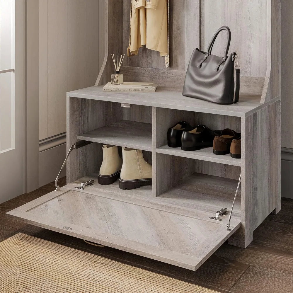Entryway Hall Tree, Coat Rack, Storage Bench, 3-in-1 Design, Freestanding Shoe Rack - Hilo (Gray Wash)