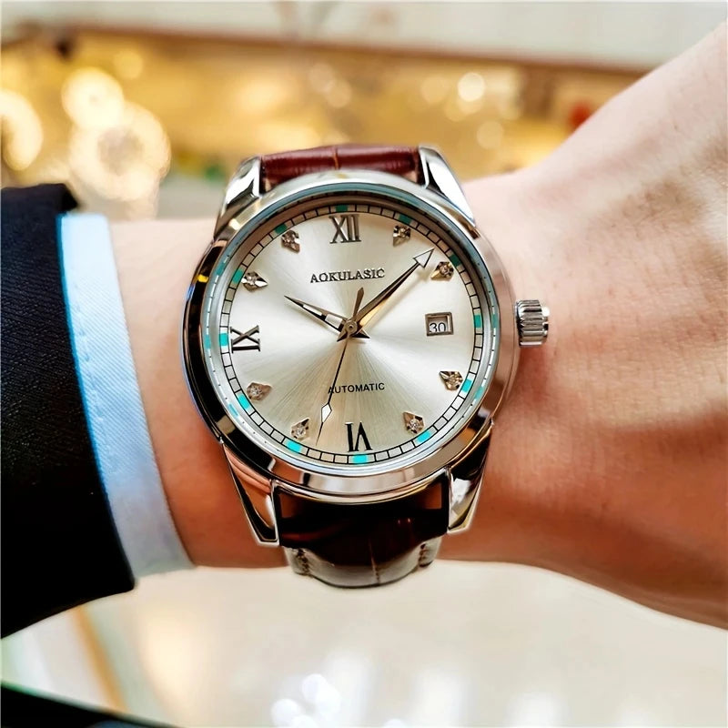 Men's Casual Mechanical Watch with Date Display - Alloy Case, Hollow Design, Leather Strap, Automatic Winding, Suitable for Business and Daily Wear, Daily Watch Casual Style Watch, No Battery, Gift for His Best