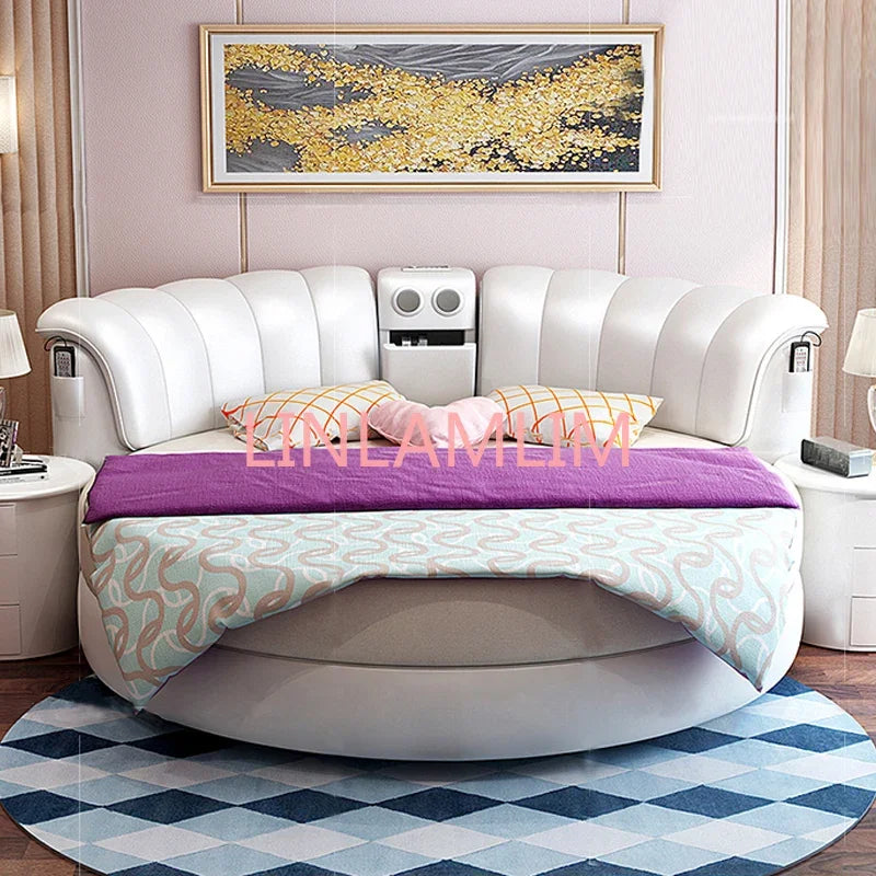 Smart bed frame camas bedroom set furniture кровать двуспальная lit beds round massage genuine leather bed + 2 night stands