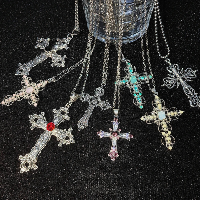 Gothic Big Zircon Cross Necklace Unisex Y2K Irregular Goth Large Cross Pendant Necklaces for Men Women Couple Necklace Jewelry