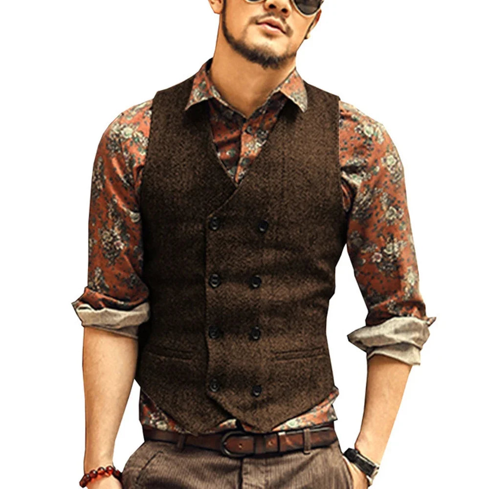 Men Vests Suit Vest Tweed Man Waistcoat Brown Black Groomman Wedding Clothing Jacket Victorian Style Steampunk BusinessA