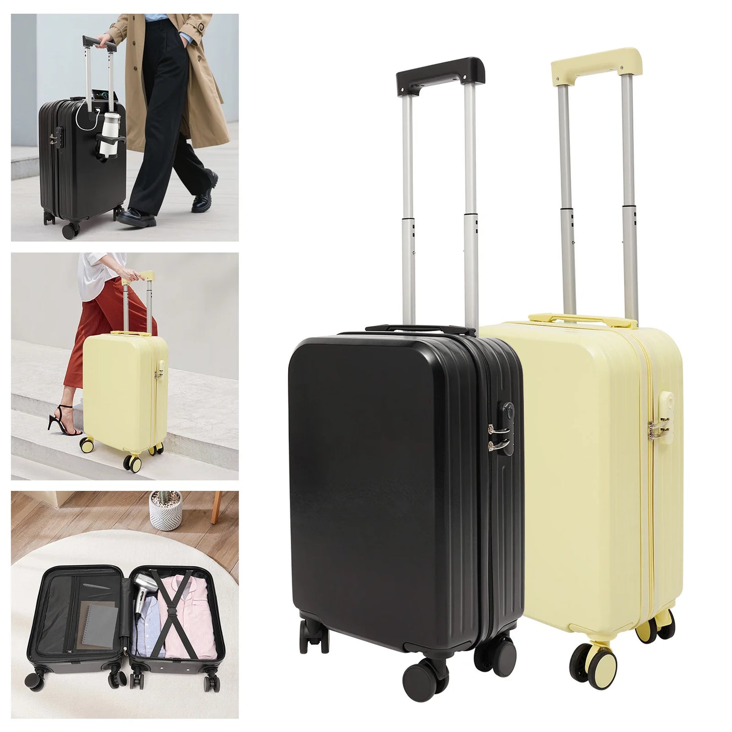 20in Light Yellow ABS Travel Luggage Suitcase with 998 Cup Holder,Rectangular Load 40kg 4 * Shock-absorbing Wheels