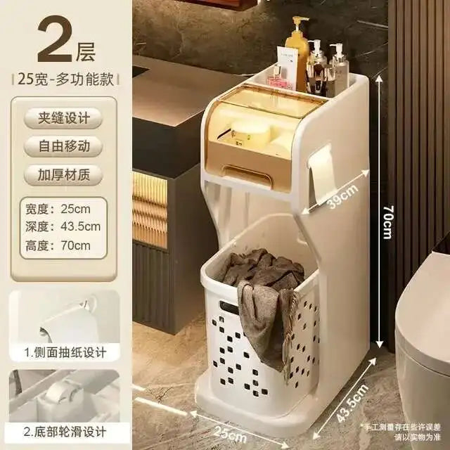 Bathroom Gap Storage Cabinet Toilet Movable Storage Rack with Drawer Bathroom cabinet Floor Shelve with Dirty Clothes Basket Z