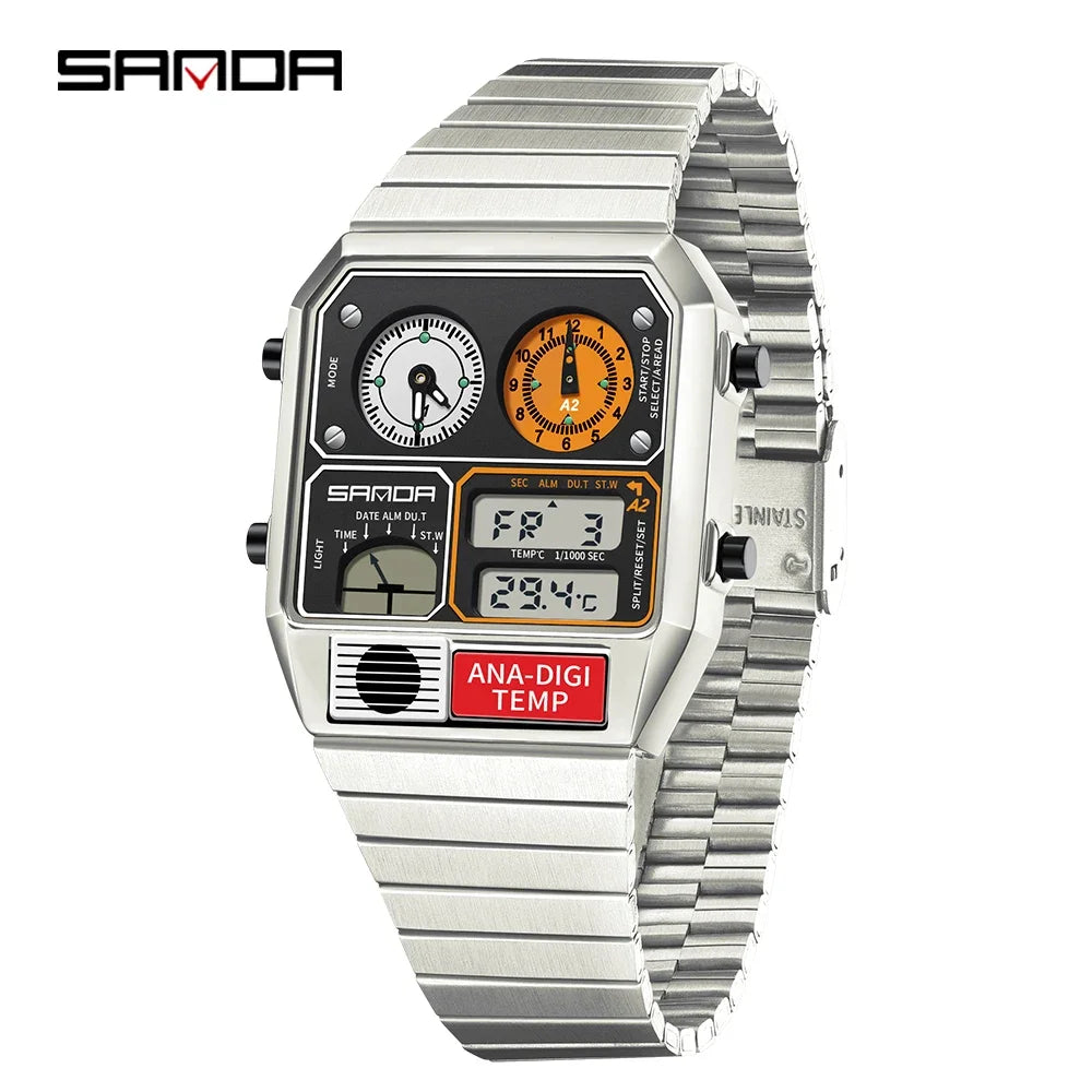 SANDA 3192 Youth Casual Multi-function Thermometer Stopwatch Chronograph Men’s Watch Hot-selling LED Electronic Square Men's