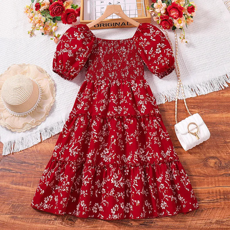 Girl Dress Summer New Sweet Print Patchwork Bubble Sleeve Princess Skirt Birthday Party Dress Girl Baby Boho Children's Clothing