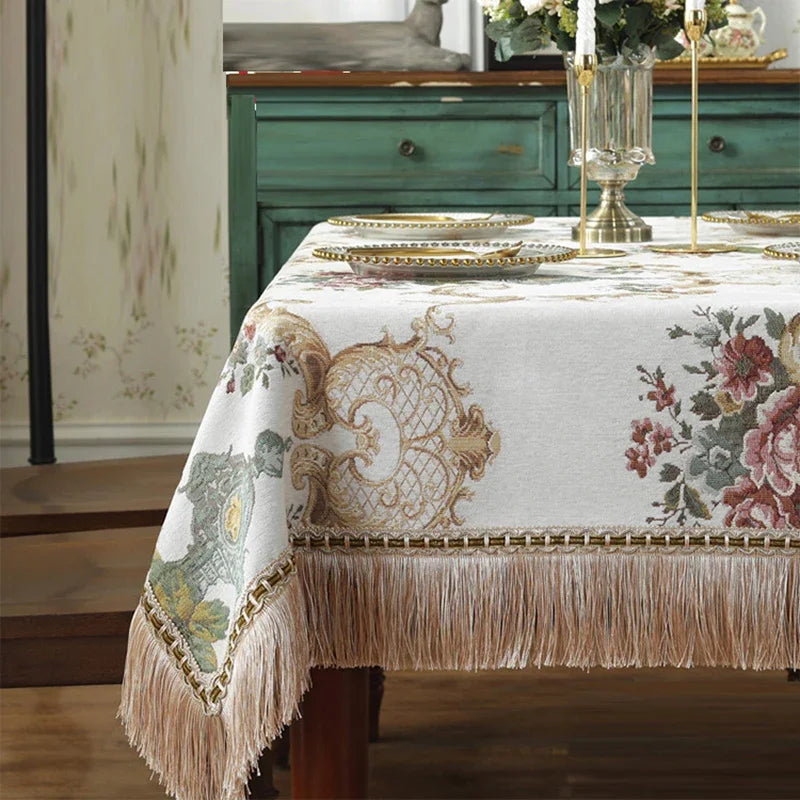 European Style Flower Tassel Tablecloth Thicken Chenille Rectangular Table Cover Round Dining Table Coffee Cloth Dust-proof