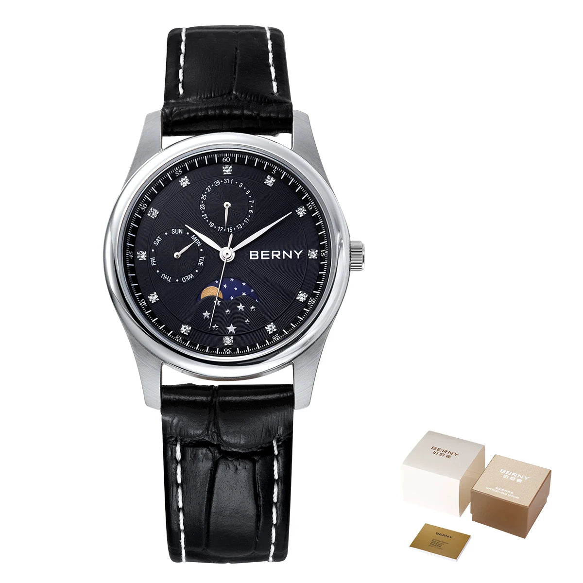 BERNY Watch for Women Calendar Date Week Moon Phase Quartz Women's Watches Leather Strap Elegant Casual Ladies Girl Wristwatch