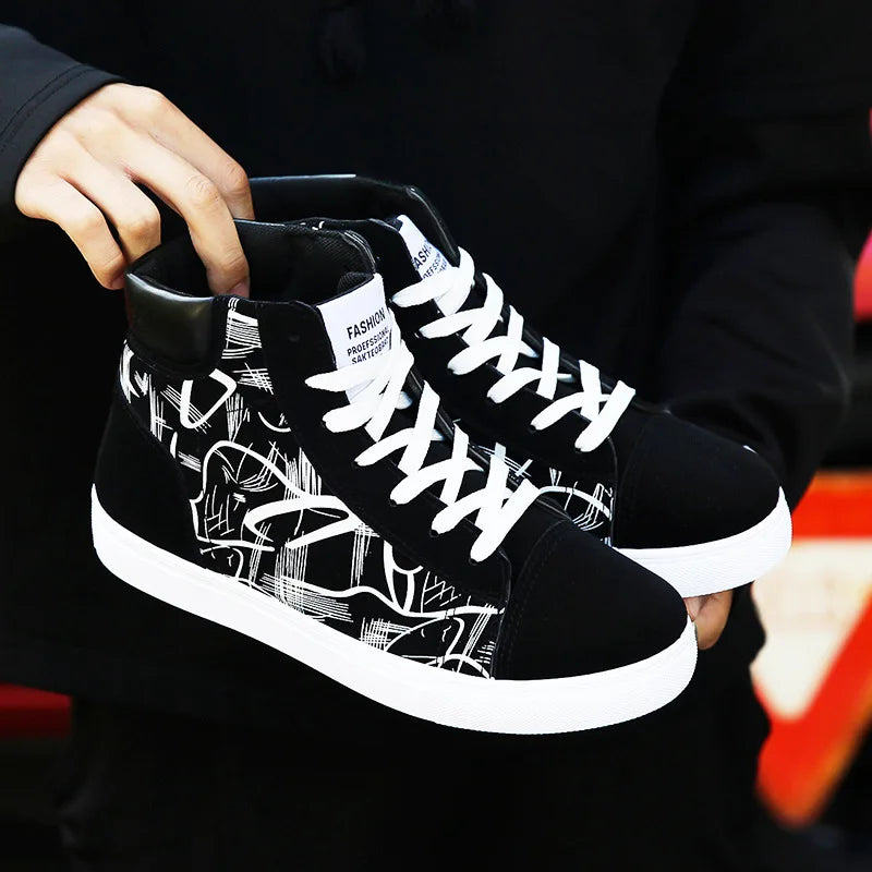 Spring and Autumn Fashion High Top Flat Bottom Black Vulcanized Men's Shoes Student Canvas Trend Winter Youth Board Shoes