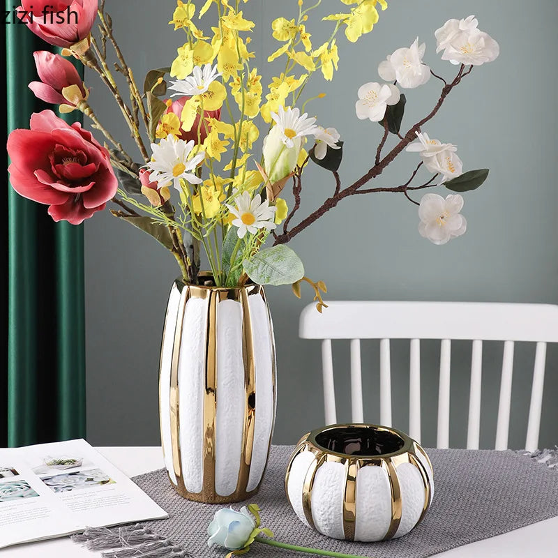 White Gold Ceramic Vase Desktop Flower Arrangement Hydroponic Vases Dried Flowers Vase Plant Vases Flowerpot Decoration Crafts