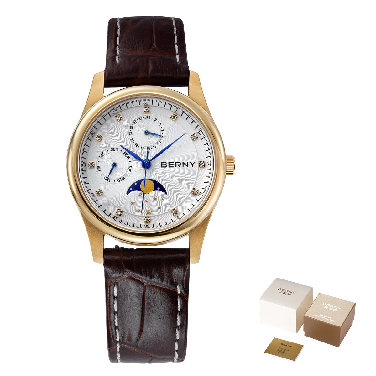 BERNY Watch for Women Calendar Date Week Moon Phase Quartz Women's Watches Leather Strap Elegant Casual Ladies Girl Wristwatch
