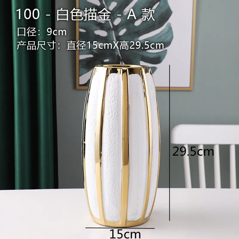 White Gold Ceramic Vase Desktop Flower Arrangement Hydroponic Vases Dried Flowers Vase Plant Vases Flowerpot Decoration Crafts