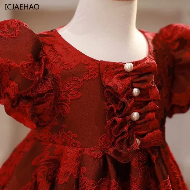 Baby Girl Clothing Children Flower Dress Outfits Birthday Baptism Elegant Kids Bow Boutique Party Red Ball Gown Toddler Clothes