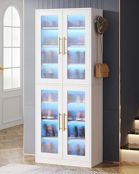 Black Shoe Storage Cabinet with Acrylic Doors and LED Lights, 8-Tier Tall Entryway Shoe Organizer Rack with Adjustable Shelves