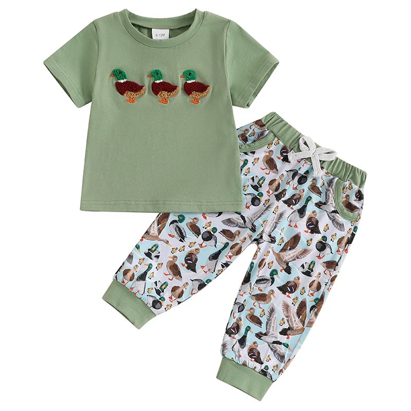 2024-11-11 Lioraitiin 0-3Y Cute Baby Boys Outfit Summer Duck Embroidery Short Sleeve T-Shirt and Elastic Pants Set