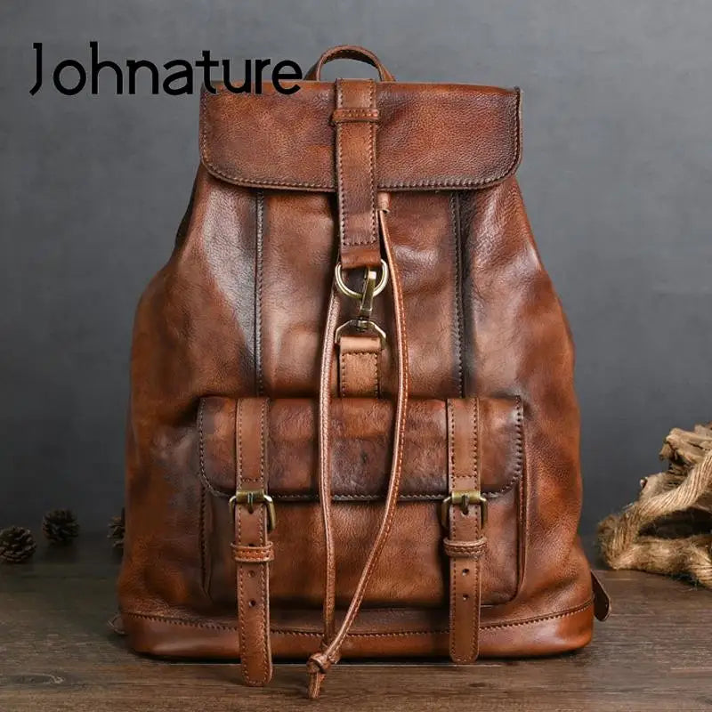 Johnature Genuine Leather Men's Backpack 2025 New Vintage Large Capacity Travel Bags Natural Real Cowhide Man Laptop Backpack