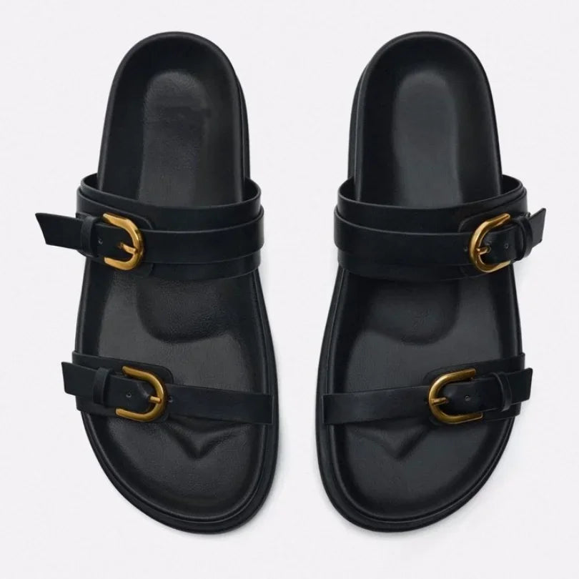 Woman Black Flat Slingback Shoes Female Summer Straps Round Toe Shoes 2025 Women's Sandals Metal Buckle Flat Sandals