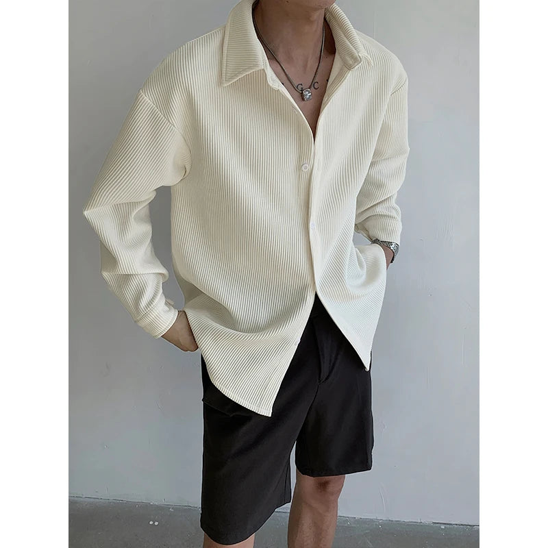 Autumn Men's Clothing Light Luxury Pleated Shirt Leisure Long Sleeve Drapped Solid Color Loose Basic Business Casual Shirts Men