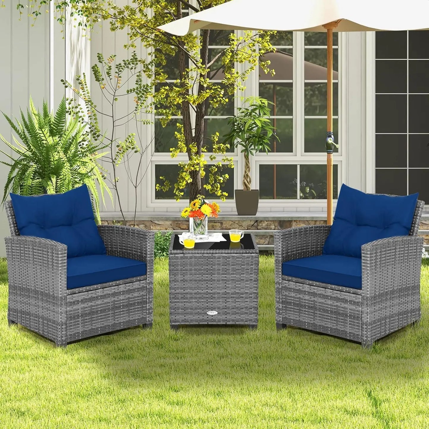 LDAILY Patio Furniture Set, 3 Pieces PE Rattan Wicker Patio Sofa Chairs with Washable Cushion & Glass Table, Outdoor Furniture C