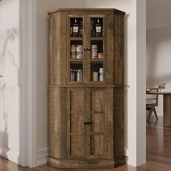 Corner Storage Cabinet, 67" Kitchen Corner Cabinet with Glass Doors, Farmhouse Tall Corner Display Cabinet with Adjustable Shelv