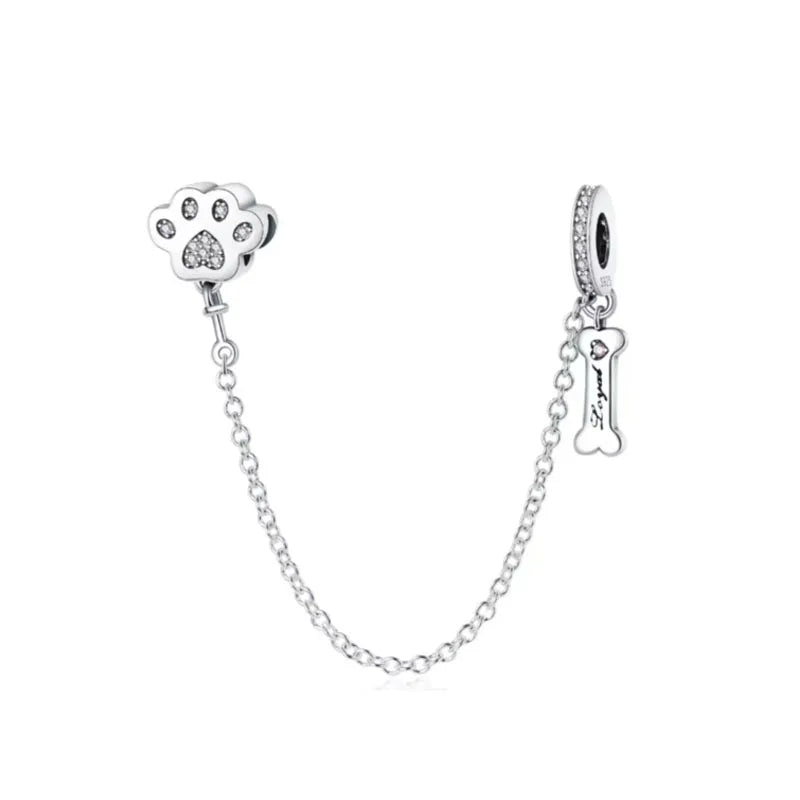 New 925 Silver Horseshoe Clover Star Cat Charm True eyes Pendant Safety Chain Bead Fit Original Bracelet Jewellery Gift dragon