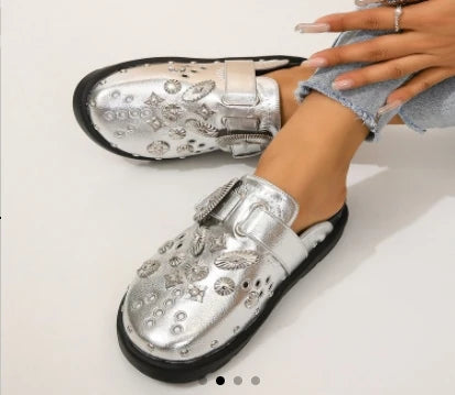 Summer Women Slippers Platform Rivets Punk Rock Leather Mules Creative Metal Fittings Casual Party Shoes Female Outdoor Slides